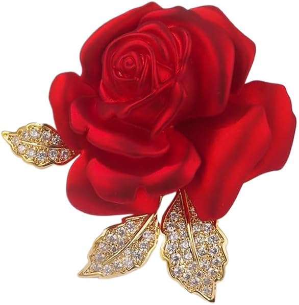 Enamel Rose Flower Brooch Pin for Women Girls Gold Plated Elegant Crystal Red Creative 3D Floral Dainty Dress Accessories Holiday Halloween Birthday Jewelry