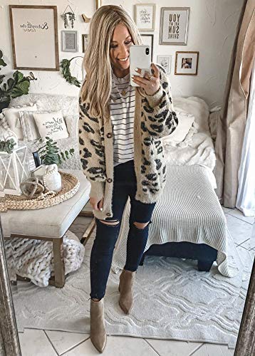 BTFBM Women Fashion Leopard Print Button Down Long Sleeve Soft Loose Knit Sweater Cardigan Coat Fall Winter Outwear (Khaki, Small)