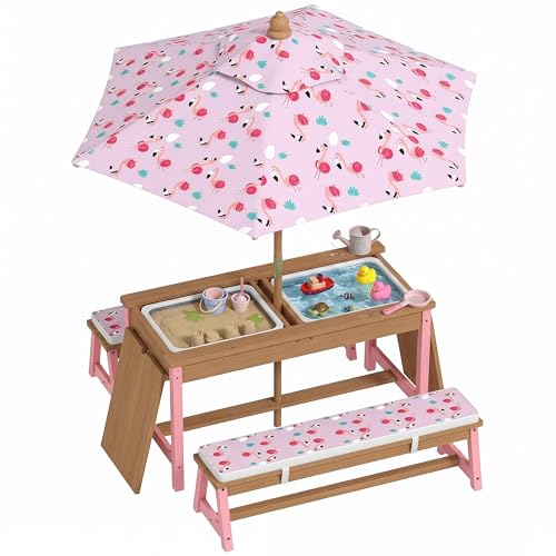 AIYAPLAY Table Pique-Nique Enfant avec bancs, Salon de Jardin extérieur Enfant avec Coussins, Parasol Pliable, boîtes de Rangement Amovibles, Motif à...
