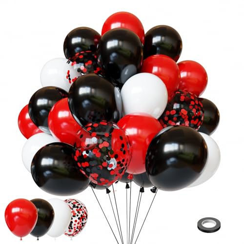 Image of Red and Black Balloons, 60Pcs Red Black and White Balloons | 12in Latex Balloon for Birthday, Wedding, Graduation Party Decorations