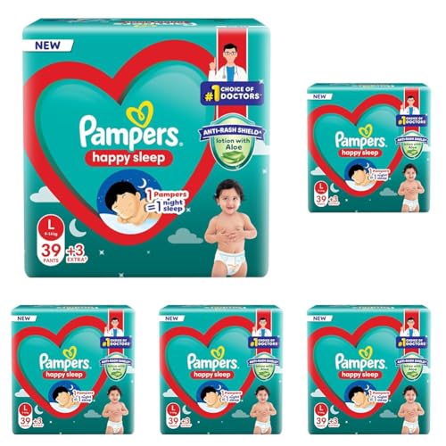 Image of Pampers Happy Sleep Pant Style Baby Diapers, Large (L), 42 Count, 1 Pampers : 1 Night Sleep, with Anti Rash Shield, 9-14 Kg Diapers (Pack of 5)