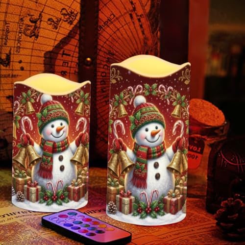 Image of Christmas Flameless Battery Operated Lamp with Remote, 4 Pack | Snowman LED Flickering, Battery Operated, Color Changing Electric Pillar Candles for Living Room, Christmas Home Decor