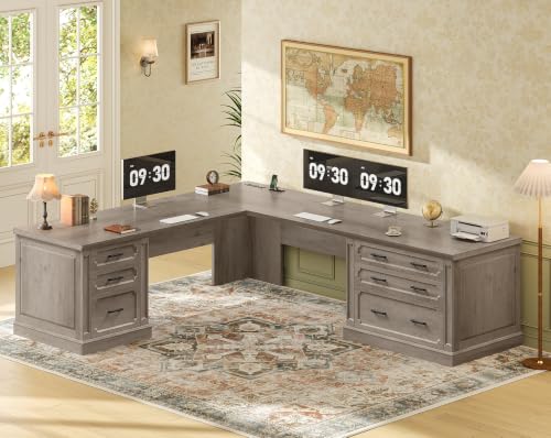 Image of SEDETA Farmhouse 78.8 inch L Shaped Desk with 6 Drawers, Home Office Desk with Power Outlet, File Cabinet Storage, Wood Corner Computer Desk for Work and Study, Gray
