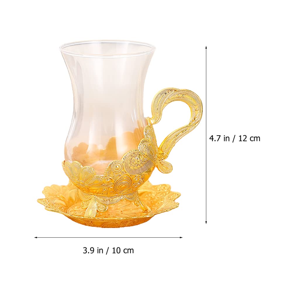 Transparentes Kaffeebecher-Set mit Untertasse, europäischer Stil, Tasse und Untertasse, Teetasse aus Glas, ausgefallene Teetassen für Teeliebhaber, Teetassen für Frauen, 100 ml, goldfarbene
