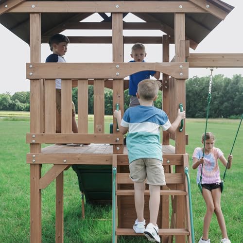 Backyard Discovery Lightning Ridge Cedar Wood Swing Set with Wave Slide, Play Deck, Rock Wall, Sandbox, Belt Swings, Toy Telescope, Steering Wheel, Step Ladder, Outdoor Playset - image 9