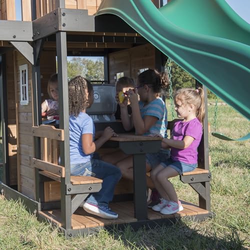 Backyard Discovery Canyon Creek Cedar Wood Swing Set with Wave Slide, Clubhouse, Play Kitchen, Picnic Area, Belt Swings, Web Swing, Rock Wall, Balconies, Playhouse, Step Ladder, Outdoor Playset - image 6