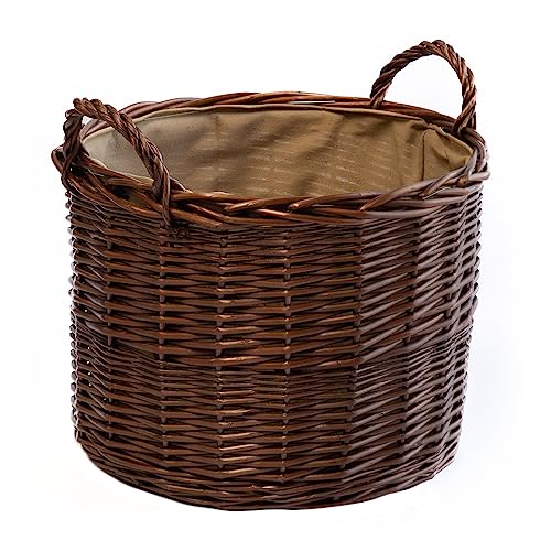 Arthur Cameron Panier à bûches circulaire en osier de luxe avec poignées et doublure – Grand panier de rangement en osier, panier à bûches rond, panier...