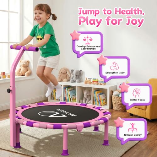 Image of ANCHEER 38 inch Toddler Trampoline for Kids, ASTM Certified Foldable Mini Trampoline with Adjustable Foam Handle, Indoor & Outdoor Kids Trampoline, Quiet Design, 200 LBS Capacity, Easy Assembly
