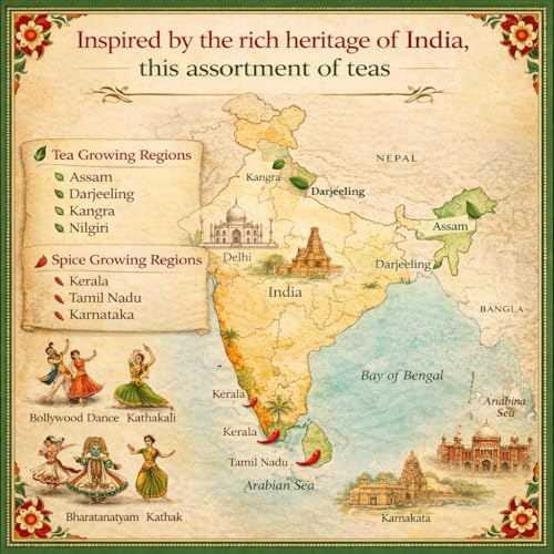 Image of SAN-CHA Tea Boutique, Traditions of India Collection, Luxury Tea Gift Box, 9 Assorted Teas Hamper, 225g Loose Leaf Green & Black Teas, Wellness Gift Set