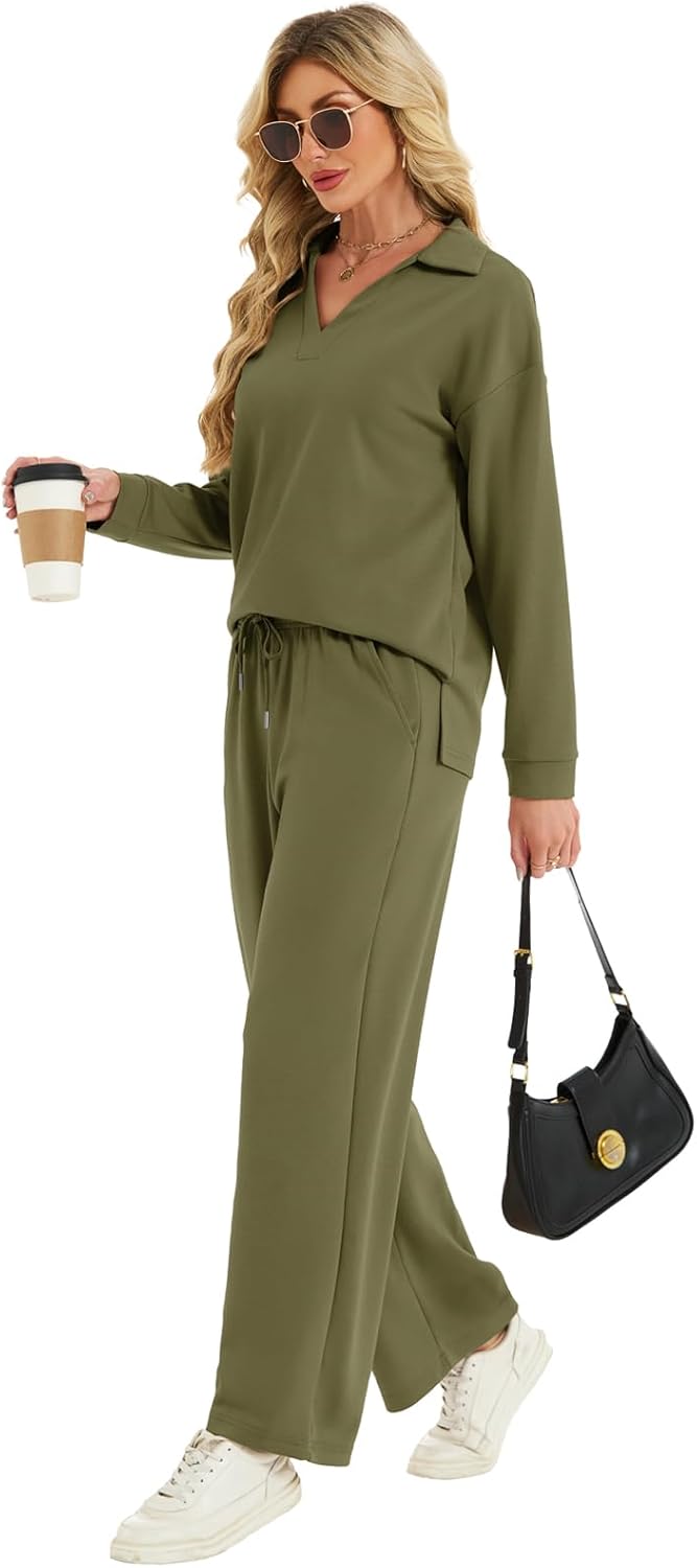 Two Piece Sets for Women Casual Fall Lounge Sets Long Sleeve V-Neck Tops Wide Leg Pants Vacation Travel Outfits - Image 5