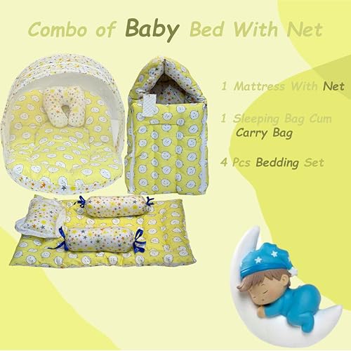 Image of Fareto Combo of Baby Bed with Net | Carry Bag | 4 Pcs Bedding Set (0-6 Months, Baby Size, Cotton) (Yellow Sheep)