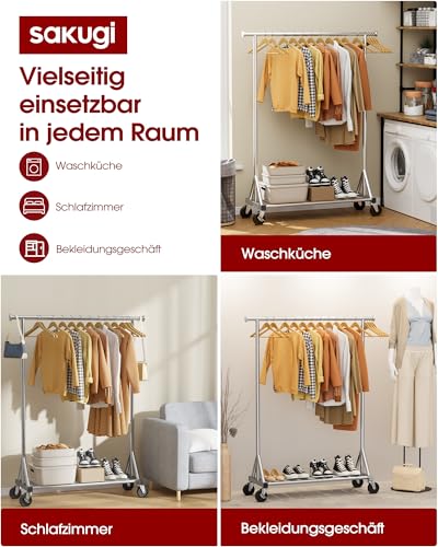 Sakugi Kleiderständer auf Rollen – Robuste Kleiderstange aus Edelstahl mit Mesh-Regal, multifunktionaler Garderobenständer für Schlafzimmer, Wäscheraum, Laden, 110 x 42 x 163.3 cm, Silbern