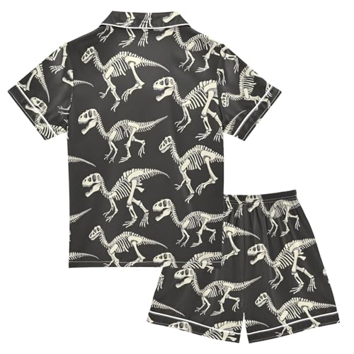 ALAZA Funny Dinosaur Skeleton Retro Pajamas Satin Pajama Set Short Sleeve Button Down Sleepwear2