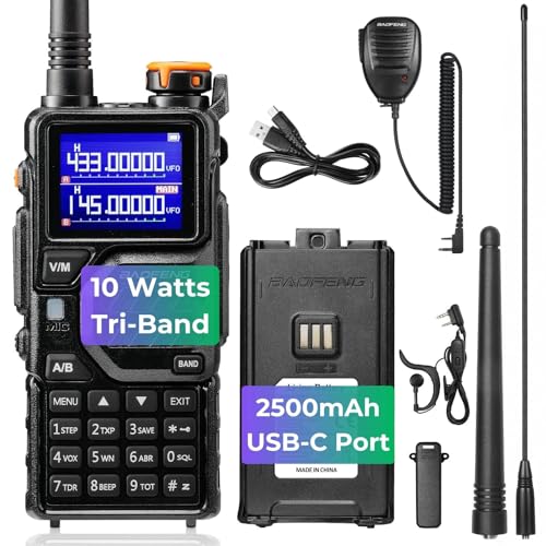 BAOFENG K5PLUS Tri-Band Ham Radio Long Range, UHF VHF 1.25M Handheld 10W Tri-Power Two Way Radio with Airband, NOAA, 2500mAh Battery, Speaker Mic, 999CH, Frequency Copy, Scramble