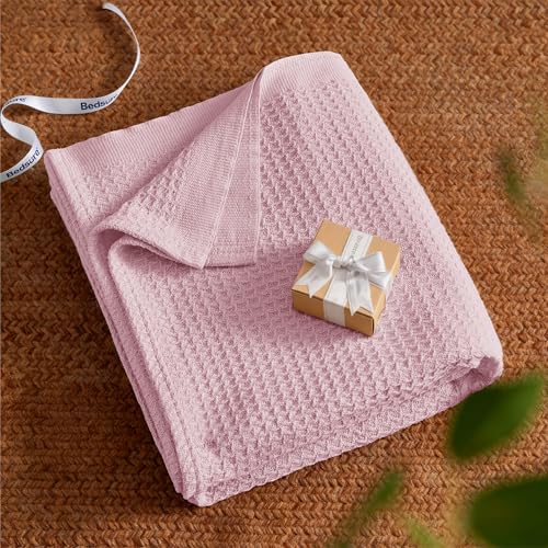 Image of Bedsure 100% Cotton Blanket Twin XL Size for College Dorm - Cooling Breathable and Soft for Summer, Waffle Weave Twin Blanket for Bed, Dorm Room Essentials, Pink, 66x90 inches