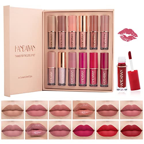 Lishang 12 Piezas Pintalabios Permanente Liquido, Labiales Mate de Larga Duracion, Rojo Gloss, Barra de Labios Impermeable, Lipstick Set Kit Maquillaje, para Mujeres Regalo San Valentín Cumpleaño