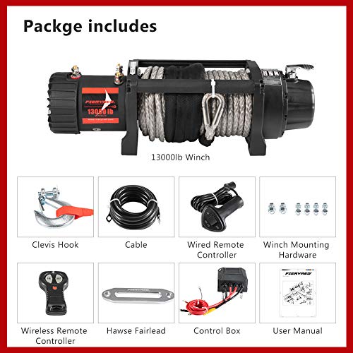 FIERYRED Electric Synthetic Rope Winch - 13000 lb. Load Capacity Fit for Jeep,Truck,SUV with Wirless Remote & Corded Control - Thumbnail 4