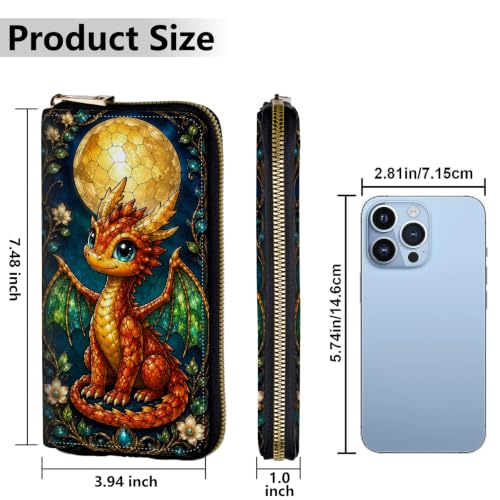 Image of Women's Wallets Credit Card Holder Money Leather Long Wallet | Long wallet with Wristlet,Large Capacity with Zip-Around Phone Purse for Women Ladies Girls,Cute Red Dragon