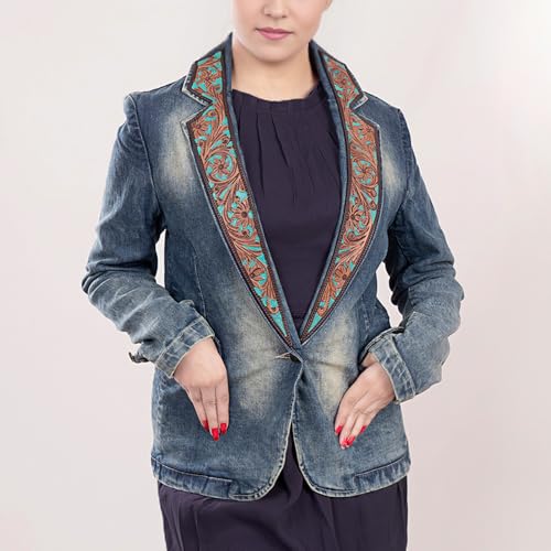 American Darling Genuine leather Hand tooled carved Women 100% cotton Denim Blazer dress jacket | Vintage2