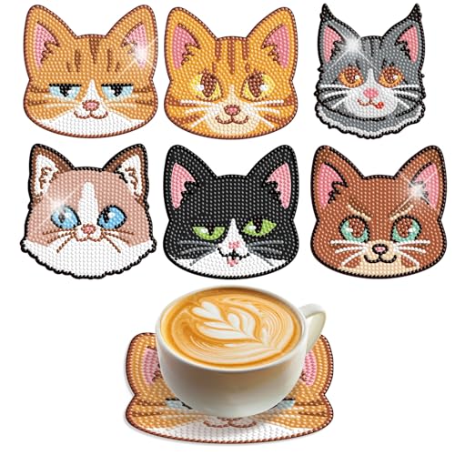 SHEGZHUC 6 Pezzi Diamond Painting Sottobicchieri Gatto con Supporto Diamante Arte Pittura Diamanti Sottobicchieri Quadri da Ricamare a Punto Croce Sottobicchiere Gatti Animali per Bevande Caffè