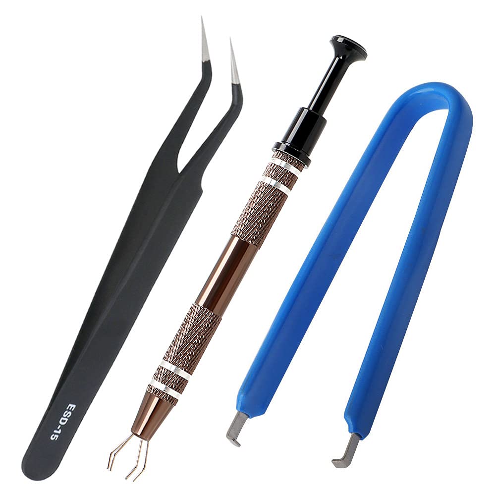 IC Chip Extractor Component Puller with 4-Claw Prongs Metal Grabber Pickup Tool and ESD Tweezers for Electronics PCB Circuit Board Repair Kit