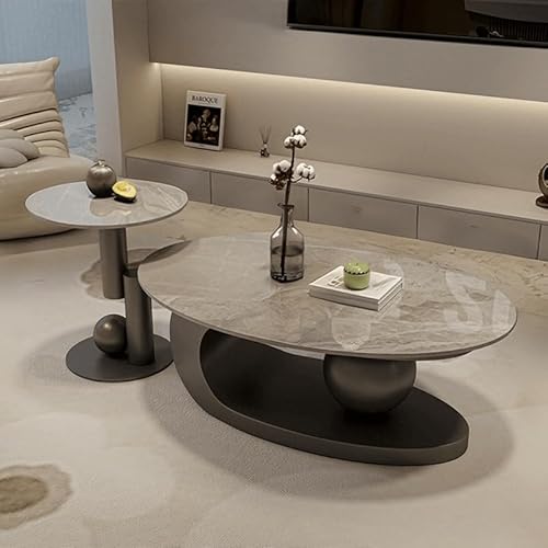 センターテーブル 大理石柄 コーヒーテーブル セラミック ネストテーブル リビングテーブル サイドテーブル ローテーブル ソファーテーブル 幅120cm 金属フレーム 高い安定性 多機能 大理石調 隋円形 おしゃれ モダン 北欧風 スタイリッシュ (グレー