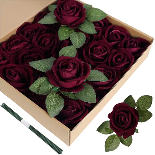 Burgundy Artificial Roses Flower Heads 25 PCS Velvet Real Look Silk Rose Flowers with Stems for DIY Wedding Party Baby Shower Home Decoration image 5