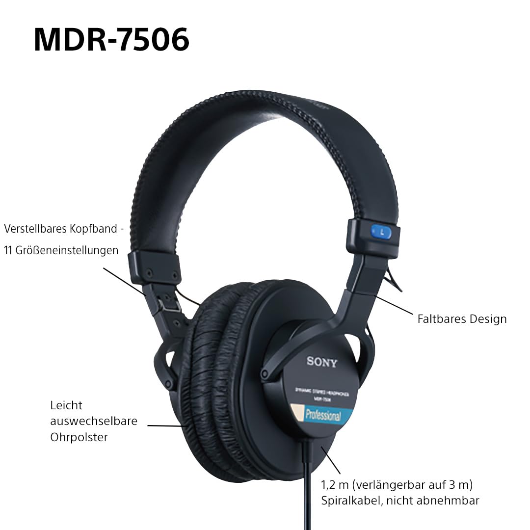 Sony MDR-7506 Studio-Monitor-Kopfhörer, geschlossen, kabelgebunden, 10 Hz-20 kHz, 63 Ohm, leichtes, faltbares Design (227 g), ideal für Studioaufnahmen und -abmischungen, inkl. Tasche, schwarz