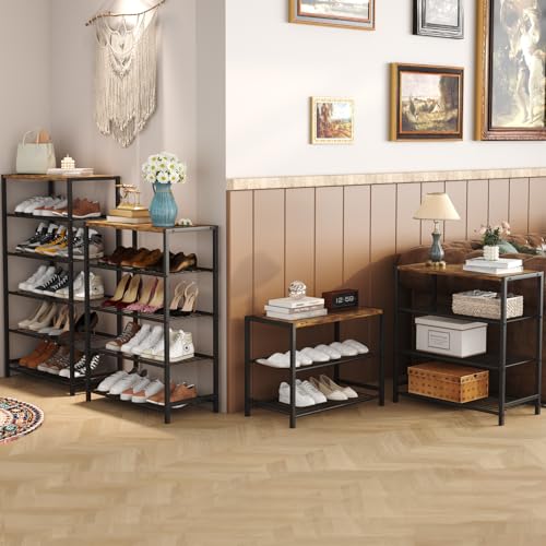 Image of HOMEFORT 4-Tier Metal Shoe Rack, All-Metal Shoe Tower, Shoe Storage Shelf with MDF Top Board, Each Tier Fits 3 Pairs of Shoes, Entryway Shoes Organizer with Sturdy Metal Shelves in Rustic Brown