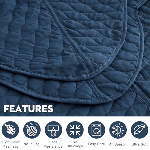 Image of Bedspread oversized King 120x118,Beautiful Leaf Stitching,5 PC, Navy
