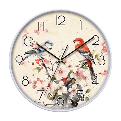 NUOVO 16 Zoll Dekorative Wanduhr mit Vögeln und Kirschblüten, 30 cm, Vintage-Design, Dekorative Uhr für Küche/Schlafzimmer/Wohnzimmer/Büro