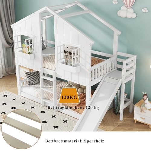 Kinderbett Etagenbett 90x200, Hochbett Hausbett mit Rutsche&Leiter&Fenstern&Dach&Aufbewahrungsbox, Stockbett Doppelbett Holzbett Jugendbett mit Lattenrost&Rausfallschutz, Kiefer, Ohne Matratze, Weiß