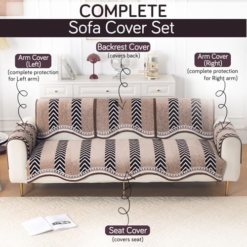 Image of HOKIPO Complete (Seat+Back+Arm) Sofa Mat Set for 3 Seater Sofa |Premium Chenille Sofa Covers with Curve Edges, 'Serene Curves Series' - Nomad Chevron (IN-997+1002+1001 * 2 - D5)