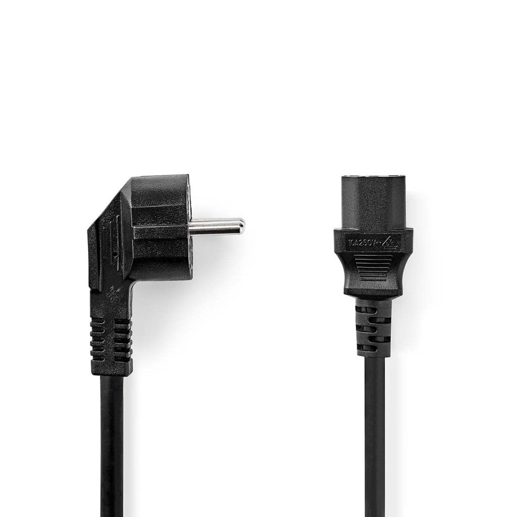 NEDIS Power cable, earthing contact plug, IEC-320-C13, angled, straight, nickel-plated, 2.00 m, round, PVC, black, plastic bag
