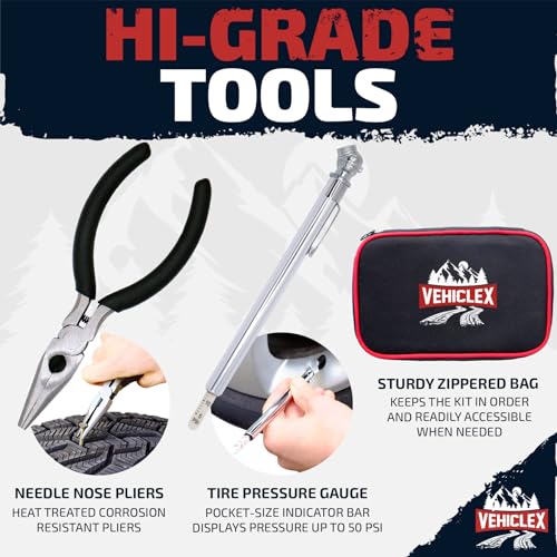 Image of Vehiclex Tire Repair Kit for Plug and Patch with Aluminum Handled Tools - Emergency Kit with Pliers in Zippered Bag for Car, Motorcycle, ATV, Tractor, Lawn Mower (Pack of 2)