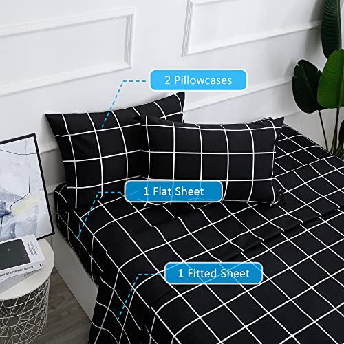 Image of Best Season Bed Sheet Set 4 Pieces -Queen Size-Soft Durable Microfiber Bedding Sheet Set,Deep Pocket,Stain,Fade & Wrinkle Resistant (Plaid Black)