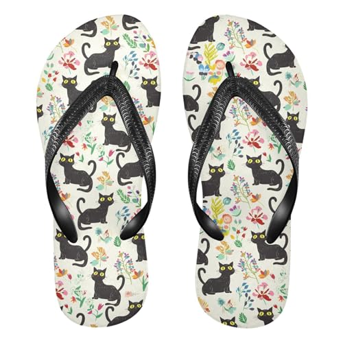Cute Black Cats Flowers Leaves Beige Flip Flop Beach Summer Casual Sandal for Women & Men Shower Shoes 20861770