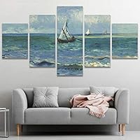 SIGNWIN 5 Panel Canvas Wall Art Seascape at Saintes Maries by Vincent Van Gogh Abstract Plants Illustrations Impressionism Panoramic Relax/Calm Multicolor for Living Room, Bedroom, Office - 60