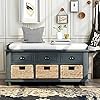 Softsea organizer storage bench with 3 drawers 3 rattan baskets and removable cushion for entryway hallway fully assembleantique navy  urban country home decor