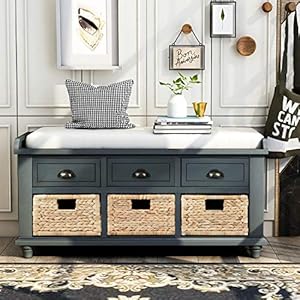 Softsea organizer storage bench with 3 drawers 3 rattan baskets and removable cushion for entryway hallway fully assembleantique navy  urban country home decor