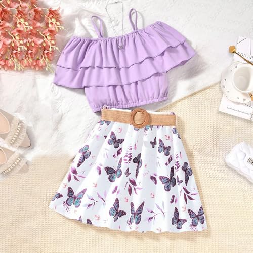 Image of Girl's 2 Pieces Outfits Spaghetti Purple Layered Crop Top and Butterfly Print Skirt Set with Belt 7-13 Years