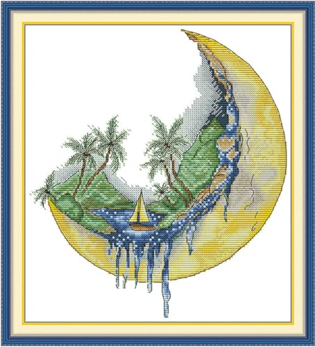 Image of Aiorkeng Cross Stitch Kits Stamped Full Range of Embroidery Starter Kits for Adults Beginners DIY 11CT 3 Strands -Printed kit Sailing on the Moon(Printed) 15.4x16.5 inches