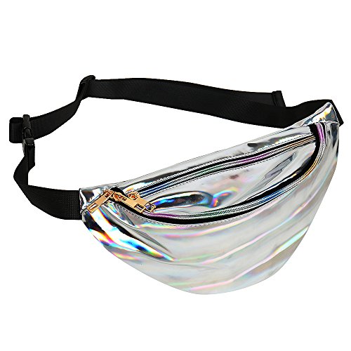 Littlegrasseu Bolsa de Riñonera de Neón PVC Brillante Resistente al Agua Láser Holográfico Cintura Impermeable para Mujeres de Smartphone Dinero Monedas Llaves Pasaporte (Silver)