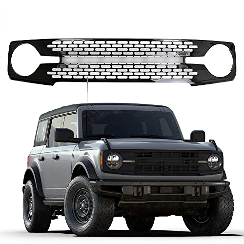 Dztuning For Ford Bronco 2021-2022 Front Bumper Grille Grill Letters Kit Gloss Black Mesh Body Kit Replacement Trim Accessories Protector