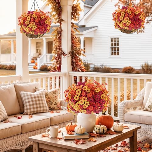 Image of Powbrace 22 Pack Artificial Fall Flowers Mums for Outdoor Indoor(Fall Mix)