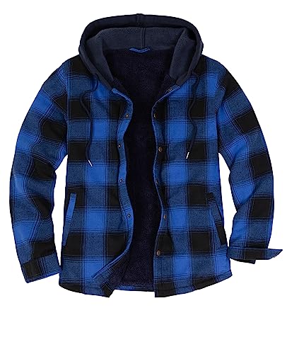 ZENTHACE Veste chemise en flanelle doublée Sherpa pour homme, veste à carreaux à bouton-pression avec capuche, bleu/carreaux, Large