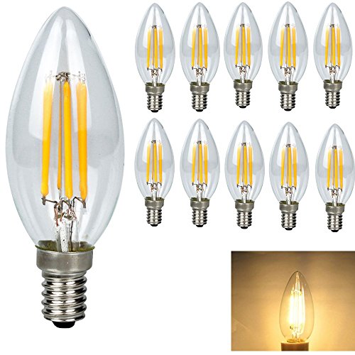 10 pack 4 Watt E14 Filament LED Bulbs 450LM Equivalent 40W Candle Light Bulb Edison LED Filament bulb E14 Base Warm white 3000K Non-Dimmable Incandescent Bulbs AC 110V