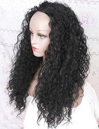 Layered Long Curly Half Synthetic Wig for Women Black Hair Replacement Wigs 22 Inch 1B Color