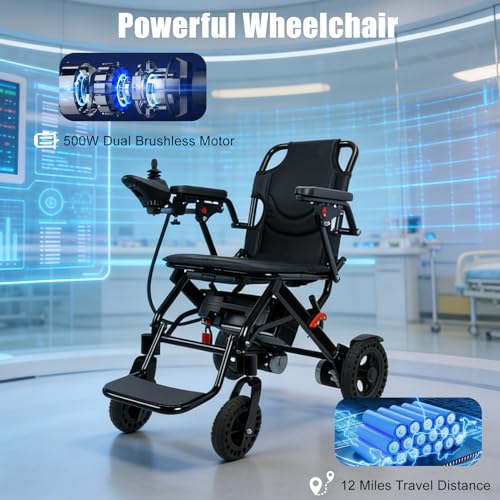 Silla de ruedas eléctrica ligera para adultos, sillas de ruedas eléctricas portátiles motorizadas para adultos con motores de 500 W, silla de ruedas de rango de 12 millas (negro)
