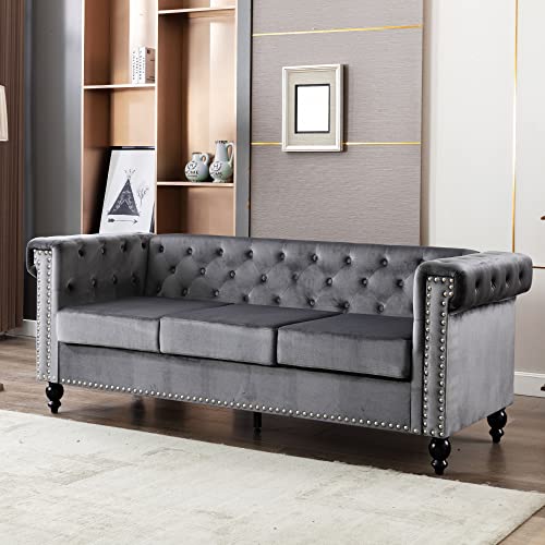 3-Sitzer Sofa Chesterfield mit edler Knopfheftung und typischen Armlehnen 3-Sitzer Sofa, Couch für Wohnzimmer, Bezug aus Samt, für Wohnungen, Holzgestell, Metallbeine, einfacher Aufbau (grau)